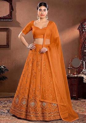 Rust Orange Embroidered Cosmos Lehenga Set