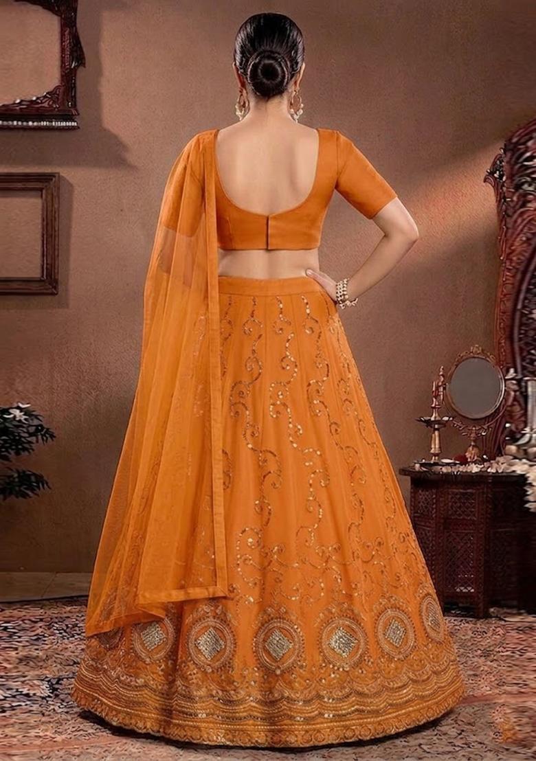 Rust Orange Embroidered Cosmos Lehenga Set - Indya