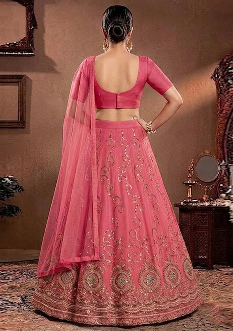 Rose Pink Embroidered Cosmos Lehenga Set - Indya