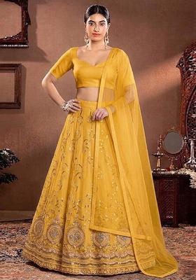 Mustard Yellow Embroidered Cosmos Lehenga Set
