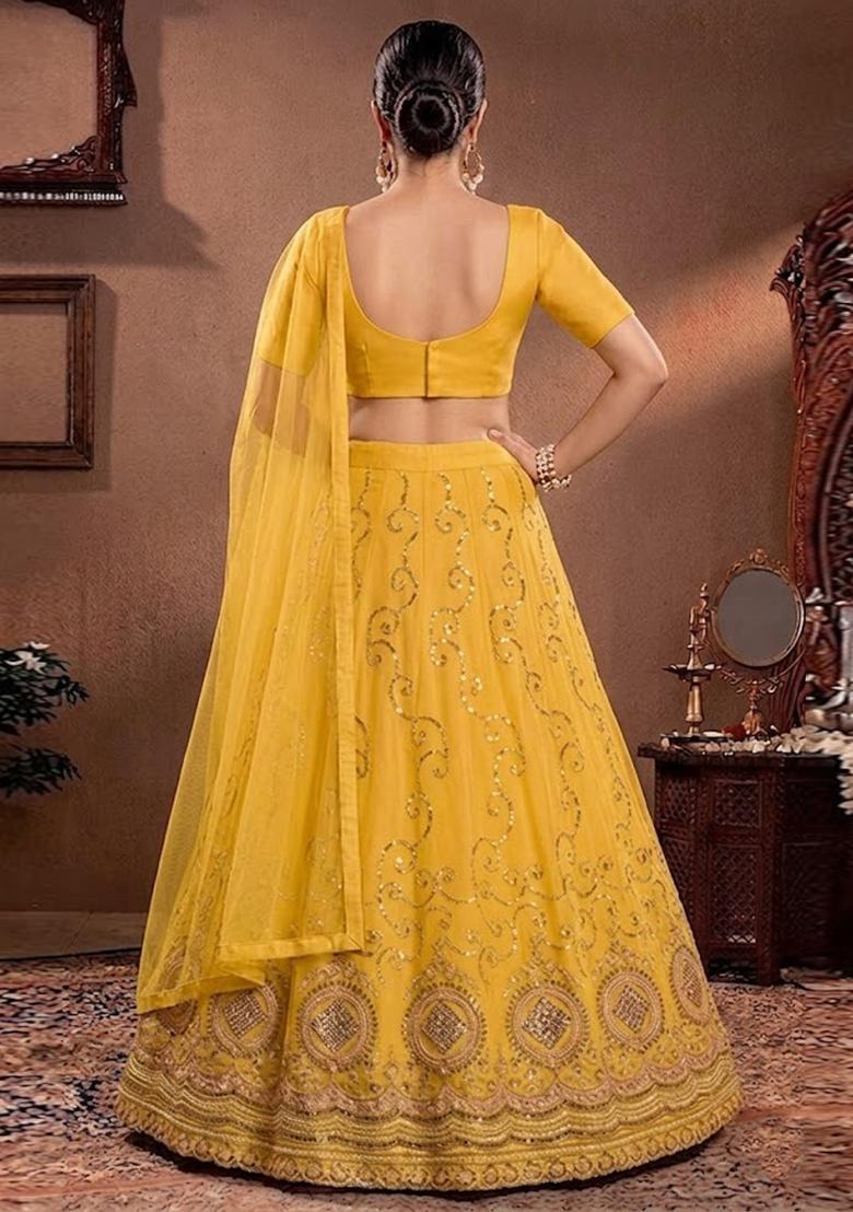 Mustard Yellow Embroidered Cosmos Lehenga Set - Indya