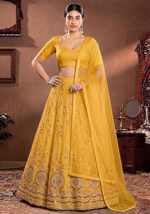 Mustard Yellow Embroidered Cosmos Lehenga Set