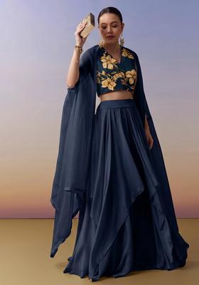 Navy Blue Printed Chinon Lehenga Set