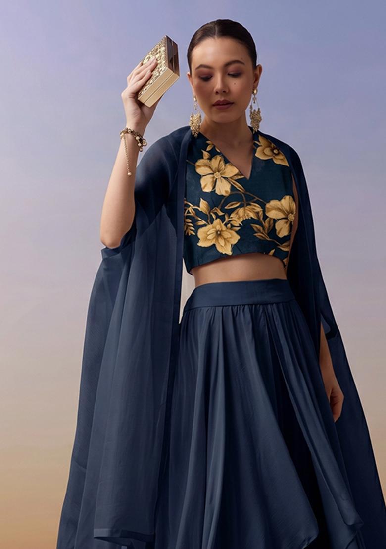 Navy Blue Printed Chinon Lehenga Set - Indya