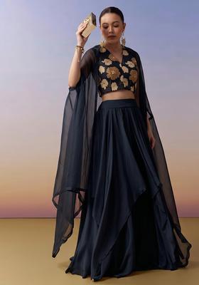 Black Printed Chinon Lehenga Set