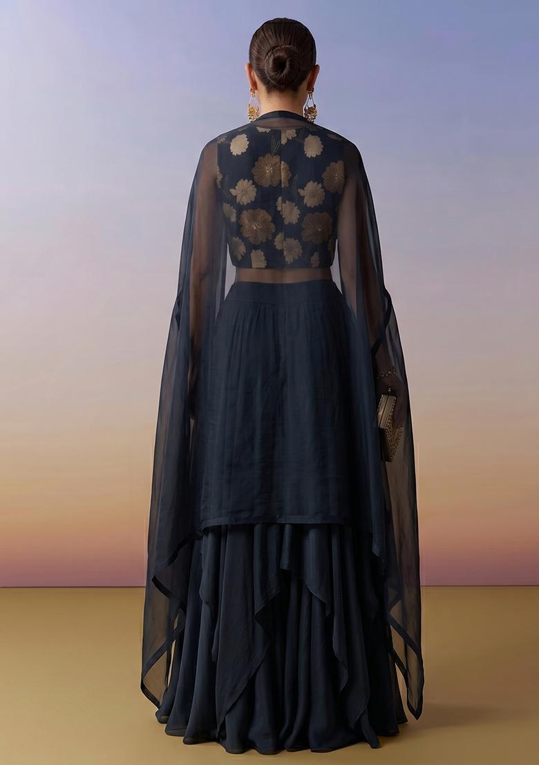Black Printed Chinon Lehenga Set - Indya