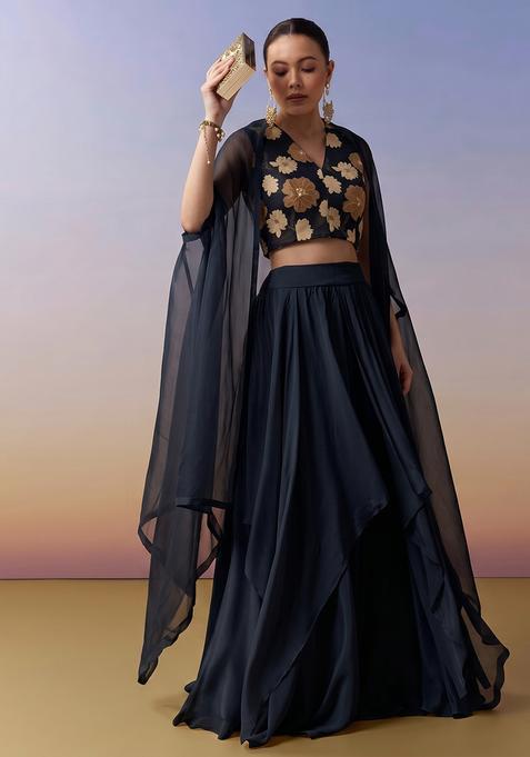 Black Printed Chinon Lehenga Set