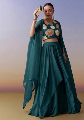 Teal Green Printed Chinon Lehenga Set