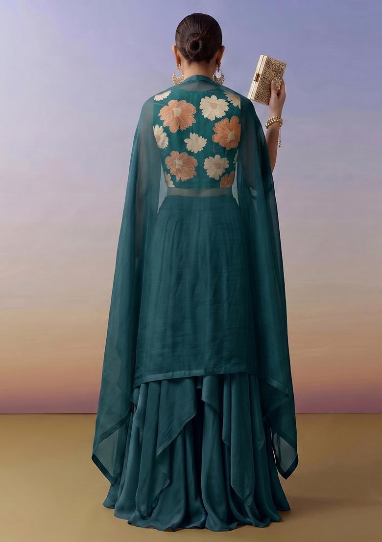 Teal Green Printed Chinon Lehenga Set - Indya