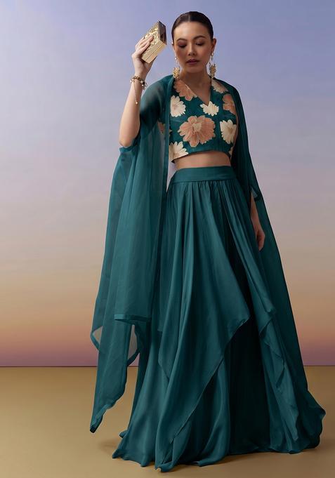 Teal Green Printed Chinon Lehenga Set