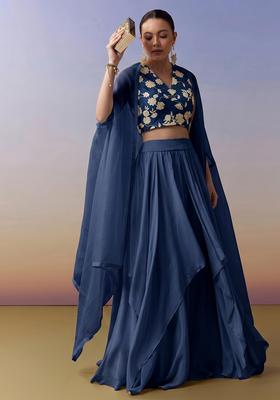 Steel Blue Printed Chinon Lehenga Set