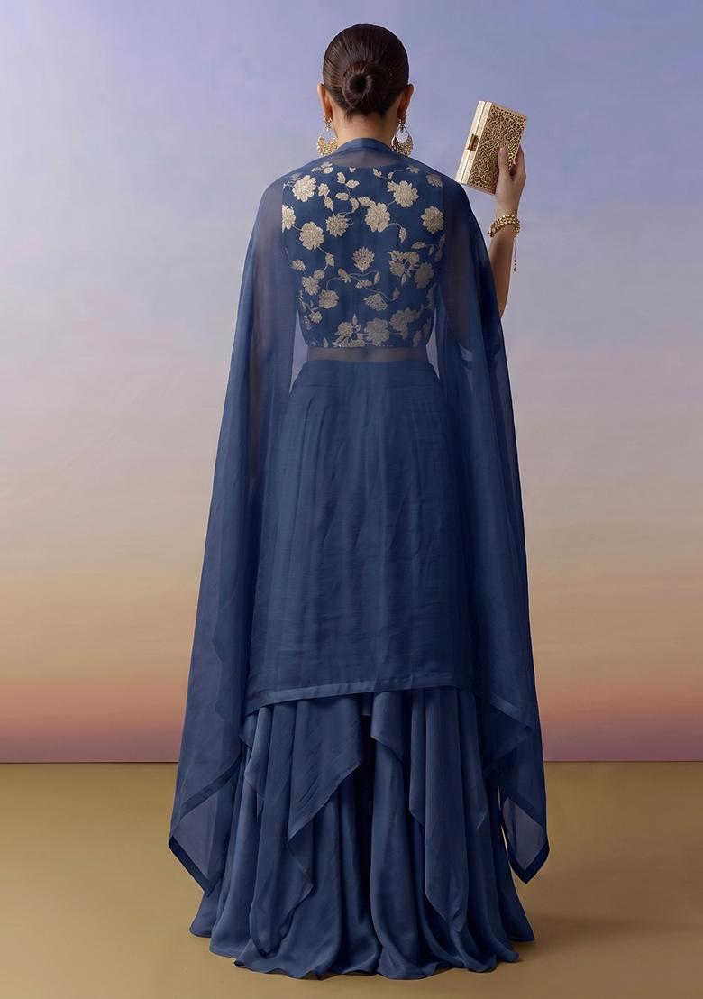 Steel Blue Printed Chinon Lehenga Set - Indya