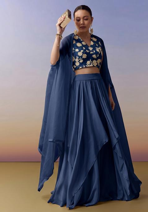 Steel Blue Printed Chinon Lehenga Set