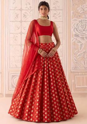 Bright Red Brocade Lehenga Set