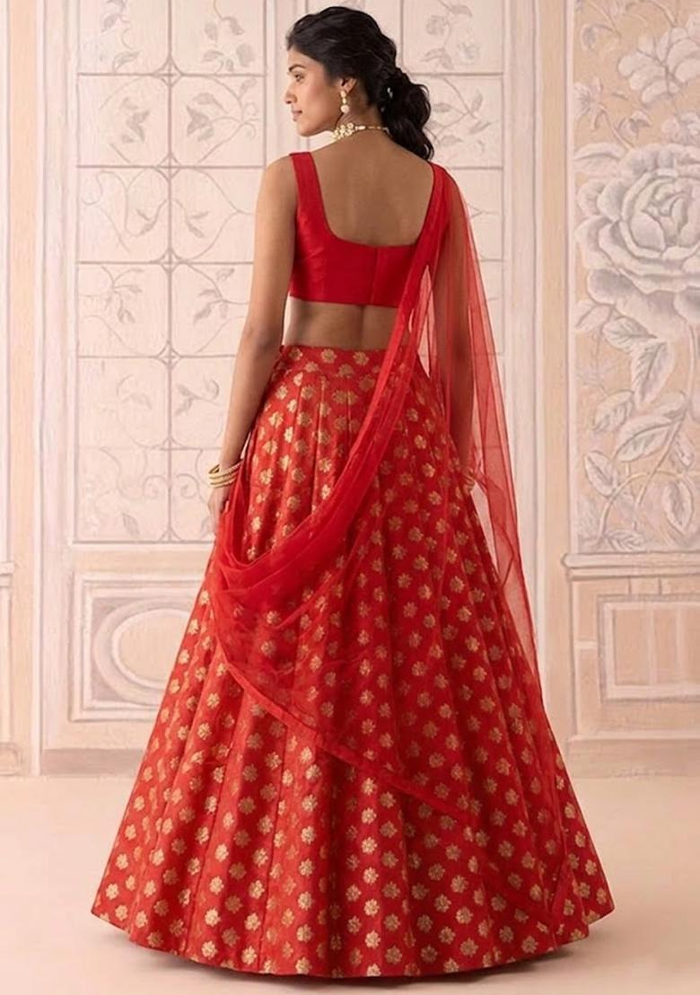 Bright Red Brocade Lehenga Set - Indya