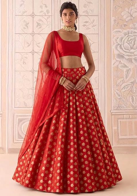 Bright Red Brocade Lehenga Set