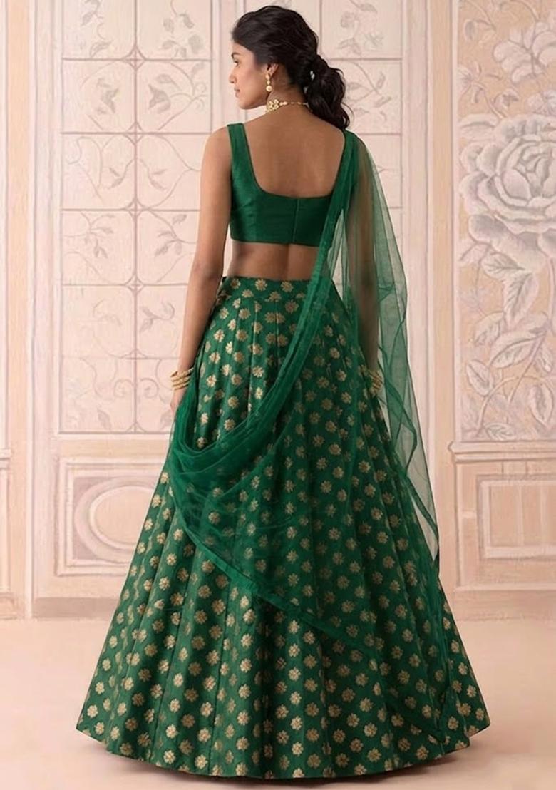 Bottle Green Brocade Lehenga Set - Indya