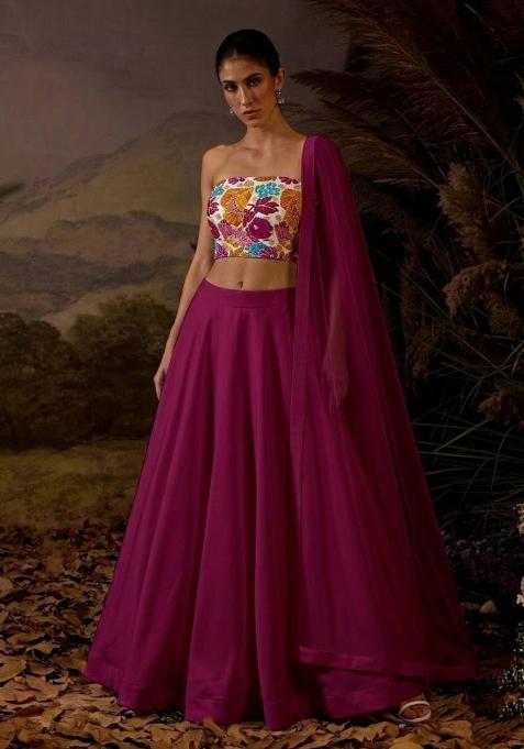 Magenta Pink Embroidered Crepe Lehenga Set