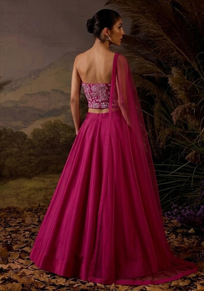 Rani Pink Embroidered Crepe Lehenga Set - Indya