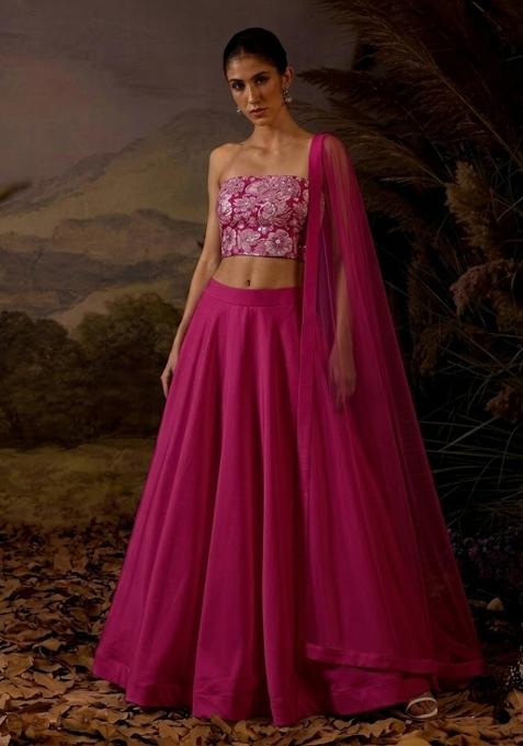 Rani Pink Embroidered Crepe Lehenga Set