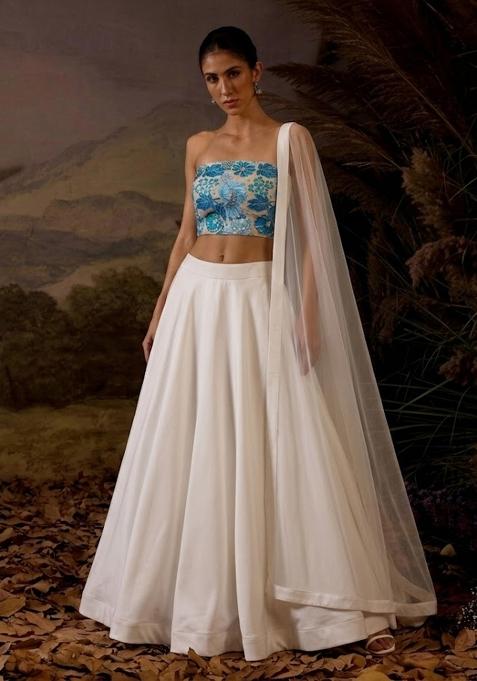 Off White Embroidered Crepe Lehenga Set