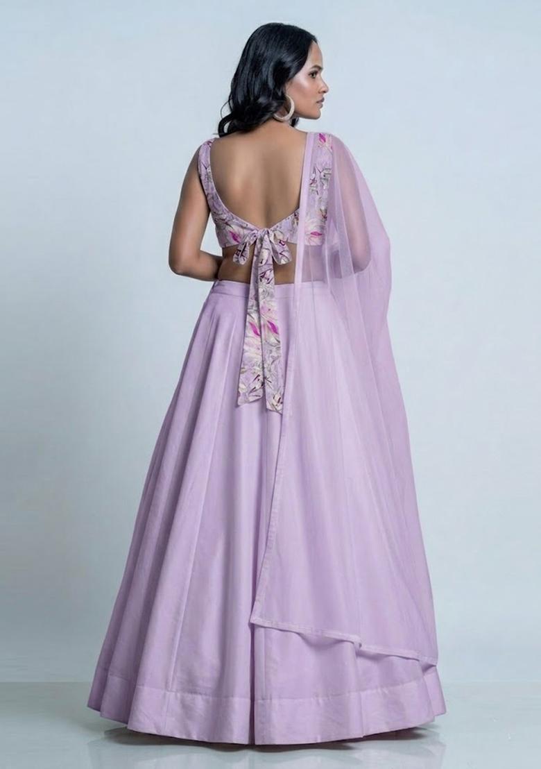 Lavender Printed Organza Lehenga Set - Indya