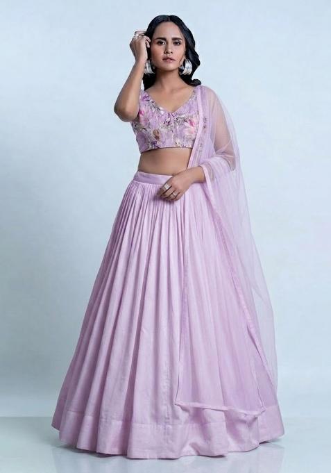 Lavender Printed Organza Lehenga Set