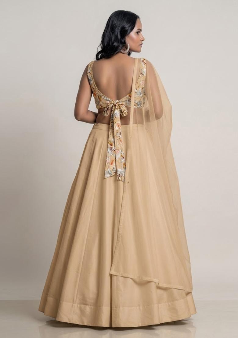 Light Gold Printed Organza Lehenga Set - Indya