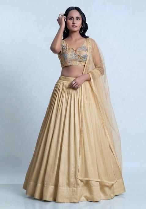 Light Gold Printed Organza Lehenga Set