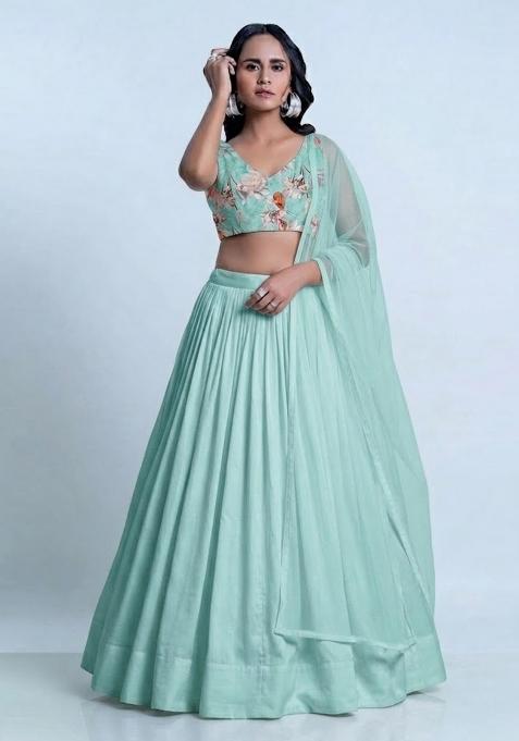 Mint Green Printed Organza Lehenga Set