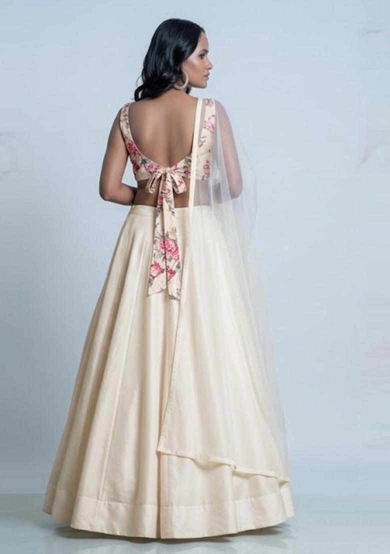 Ivory Cream Printed Organza Lehenga Set - Indya