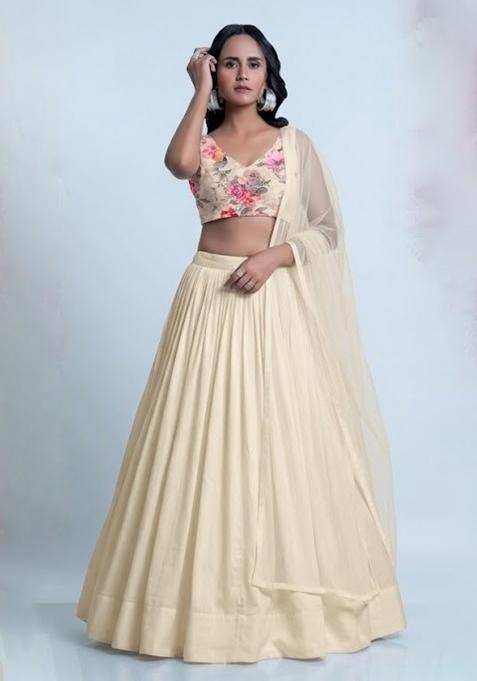 Ivory Cream Printed Organza Lehenga Set