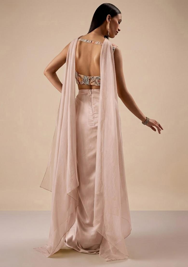 Blush Pink Printed Organza Fusion Set - Indya