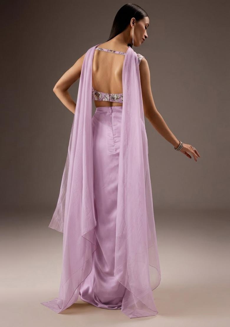 Lilac Printed Organza Fusion Set - Indya