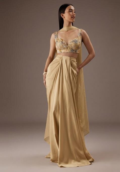 Champagne Gold Printed Organza Fusion Set