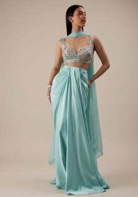 Mint Blue Printed Organza Fusion Set