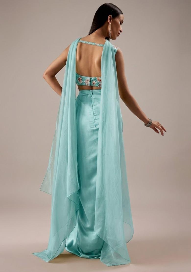 Mint Blue Printed Organza Fusion Set - Indya