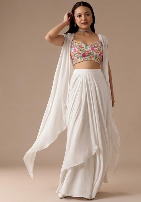 Off White Printed Crepe Fusion Set