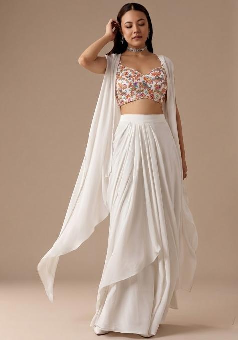 Off White Printed Crepe Fusion Set