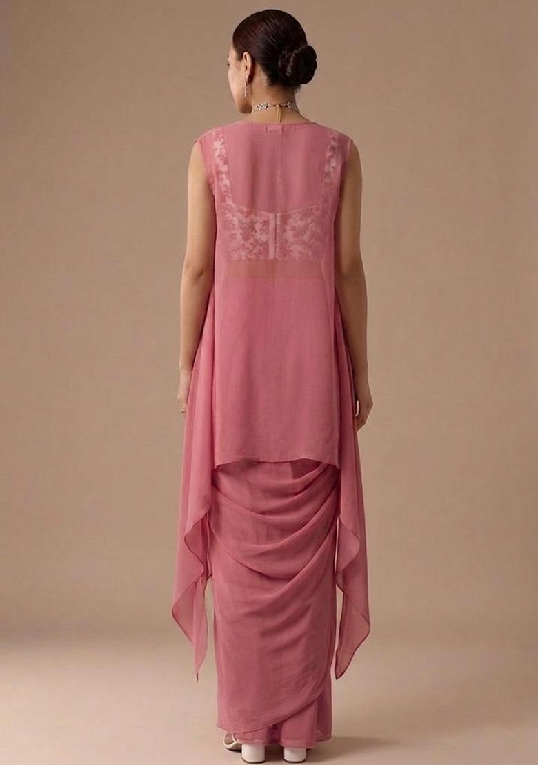 Off White Printed Crepe Fusion Set - Indya