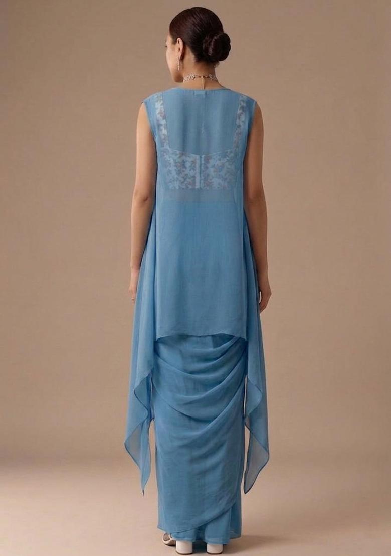 Off White Printed Crepe Fusion Set - Indya