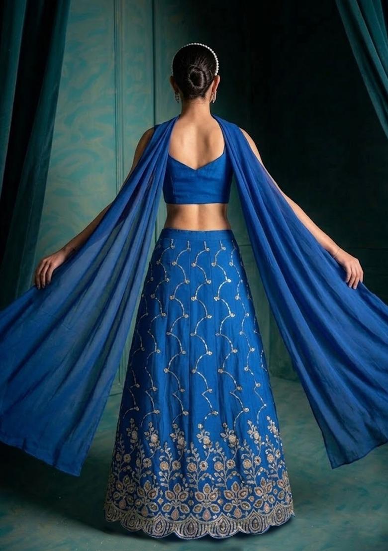 Royal Blue Embroidered Cosmos Lehenga Set - Indya
