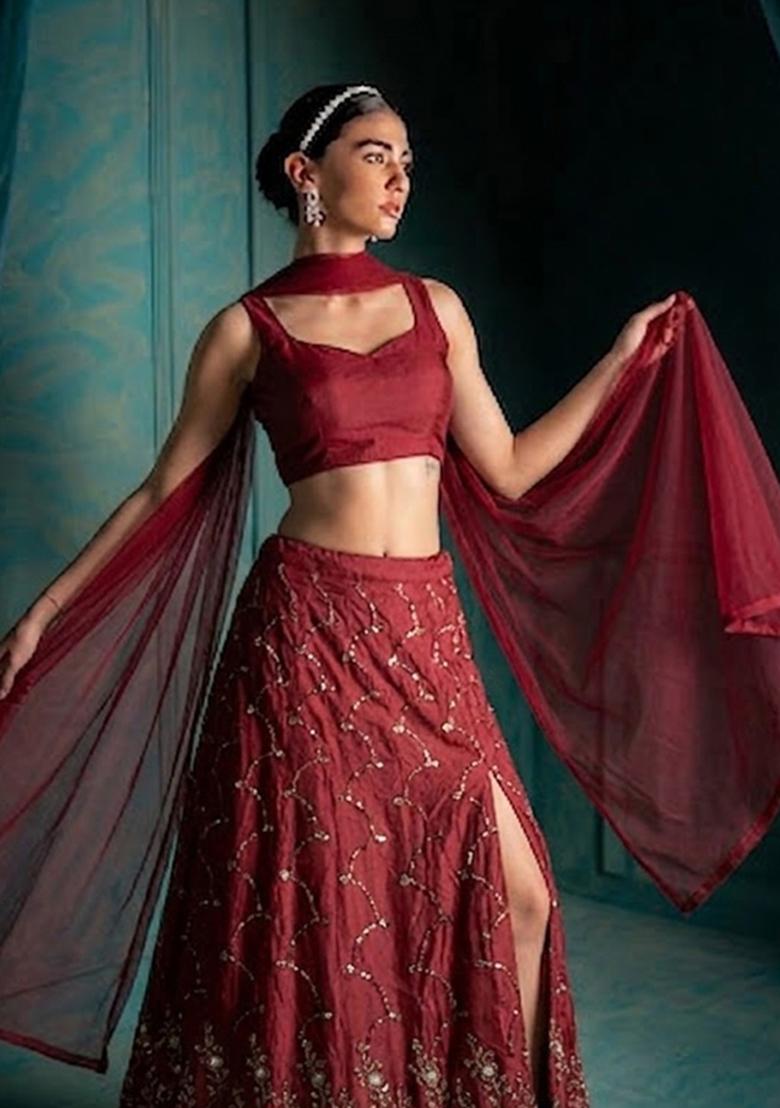Maroon Embroidered Cosmos Lehenga Set - Indya