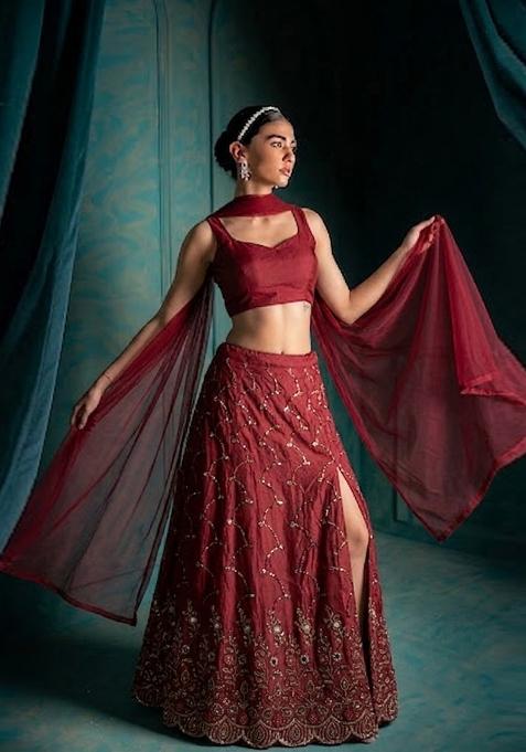 Maroon Embroidered Cosmos Lehenga Set