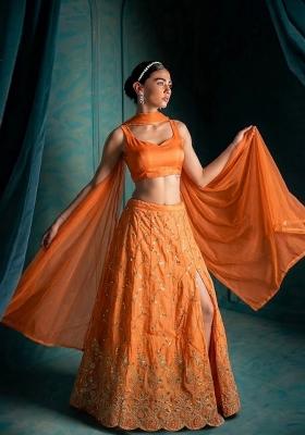 Tangerine Orange Embroidered Cosmos Lehenga Set