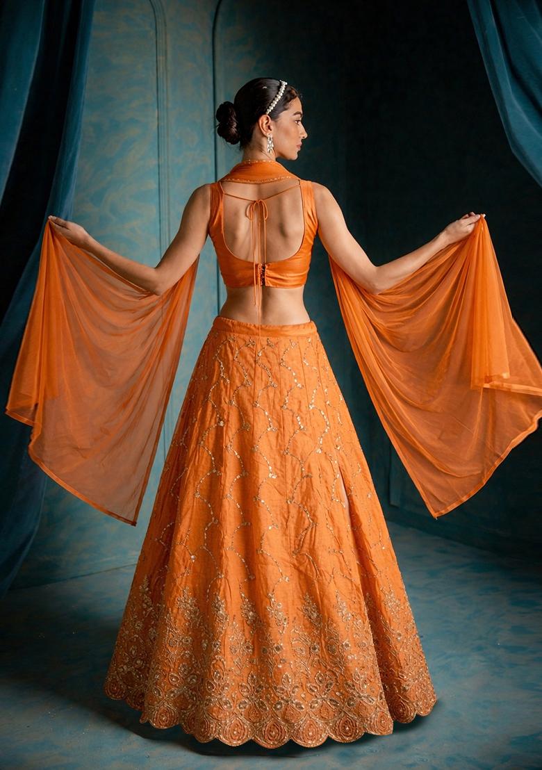 Tangerine Orange Embroidered Cosmos Lehenga Set - Indya