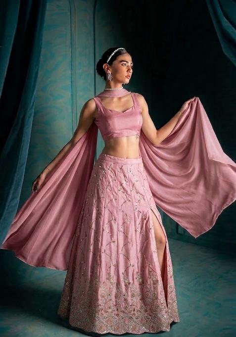 Dusty Rose Pink Embroidered Cosmos Lehenga Set