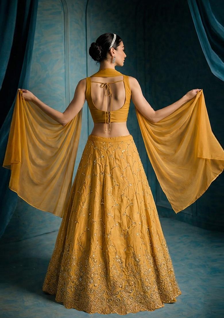 Mustard Yellow Embroidered Cosmos Lehenga Set - Indya