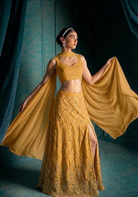 Mustard Yellow Embroidered Cosmos Lehenga Set