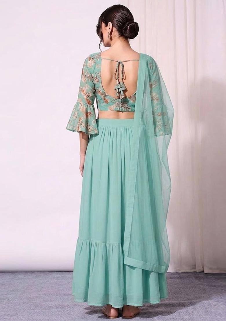 Mint Green Printed Organza Lehenga Set - Indya